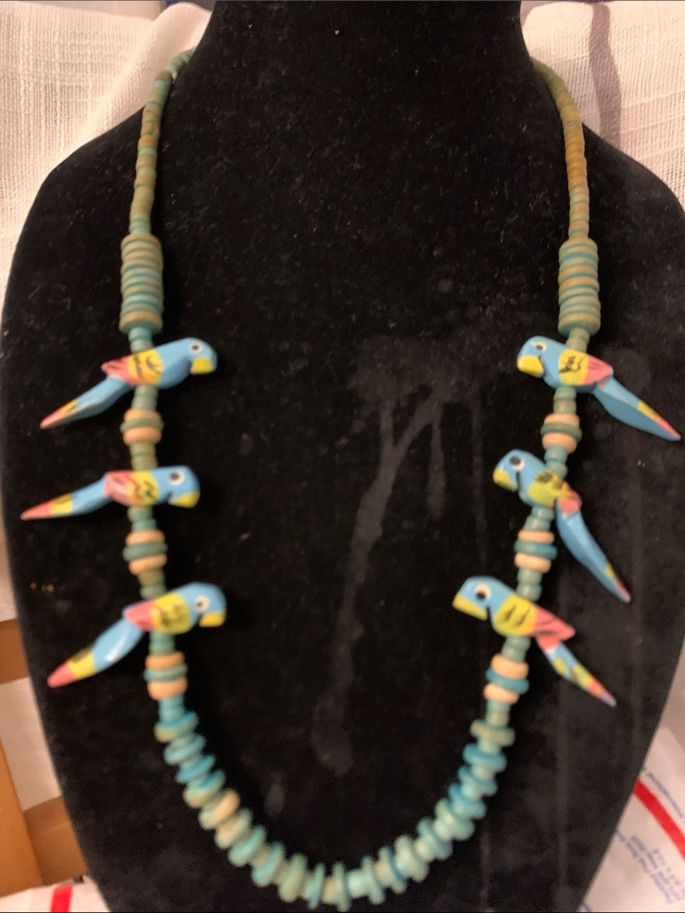 Vintage Colorful Parrot Wooden Bead Necklace - Turquoise, Yellow & Pink